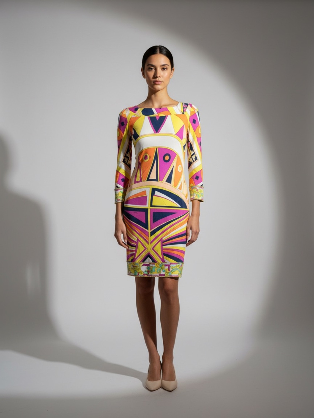 Emilio Pucci Multicolor Geometric Mini Dress with 3/4 Bell sleeves SIZE US 4